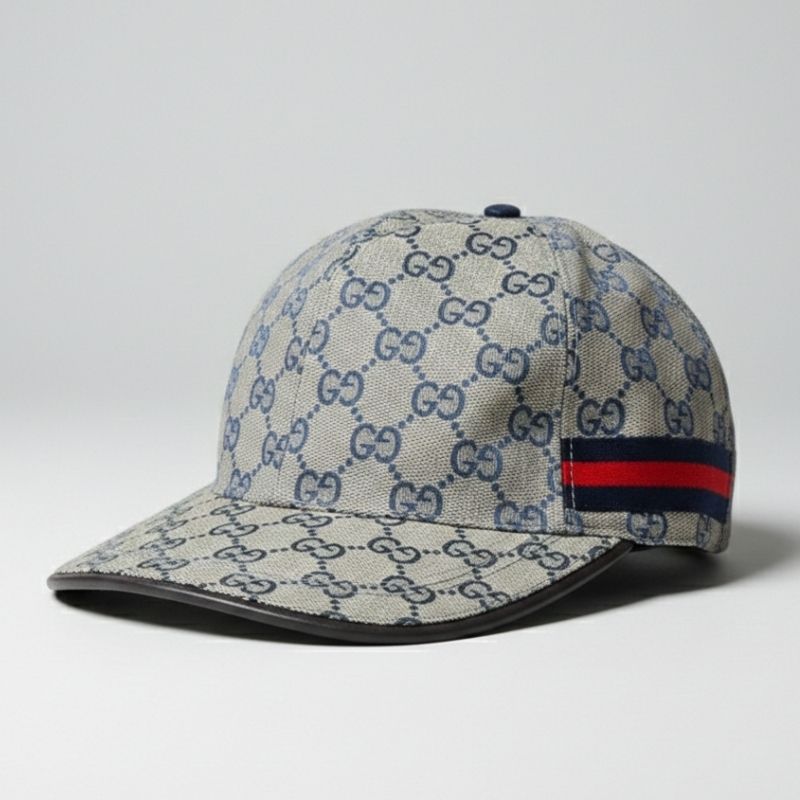 Casquette Gucci plat - Motif Monogramme Classique Gris et Bleu