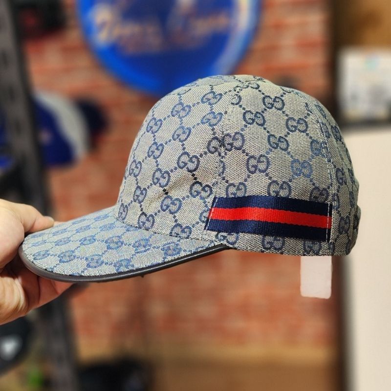Casquette Gucci plat - Motif Monogramme Classique Gris et Bleu - الصورة 3