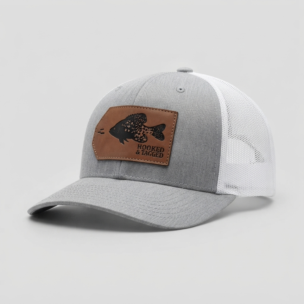 Casquette Trucker Hooked & Tagged Fish Leather Patch – Gris Chiné / Blanc original
